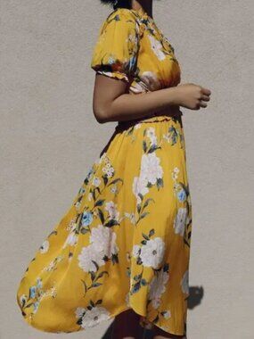 Anthropologie Current Air Marigold Smocked Floral Short Sleeve Maxi Dress